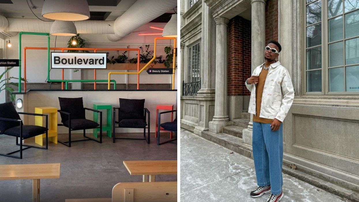 A Boulevard sign above four chairs. Right: A man looks at the camera wearing a fashionable outfit.