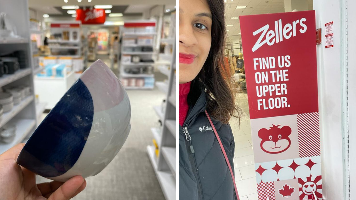 A bowl in Zellers. Right: Janice Rodrigues poses with Zellers signage.