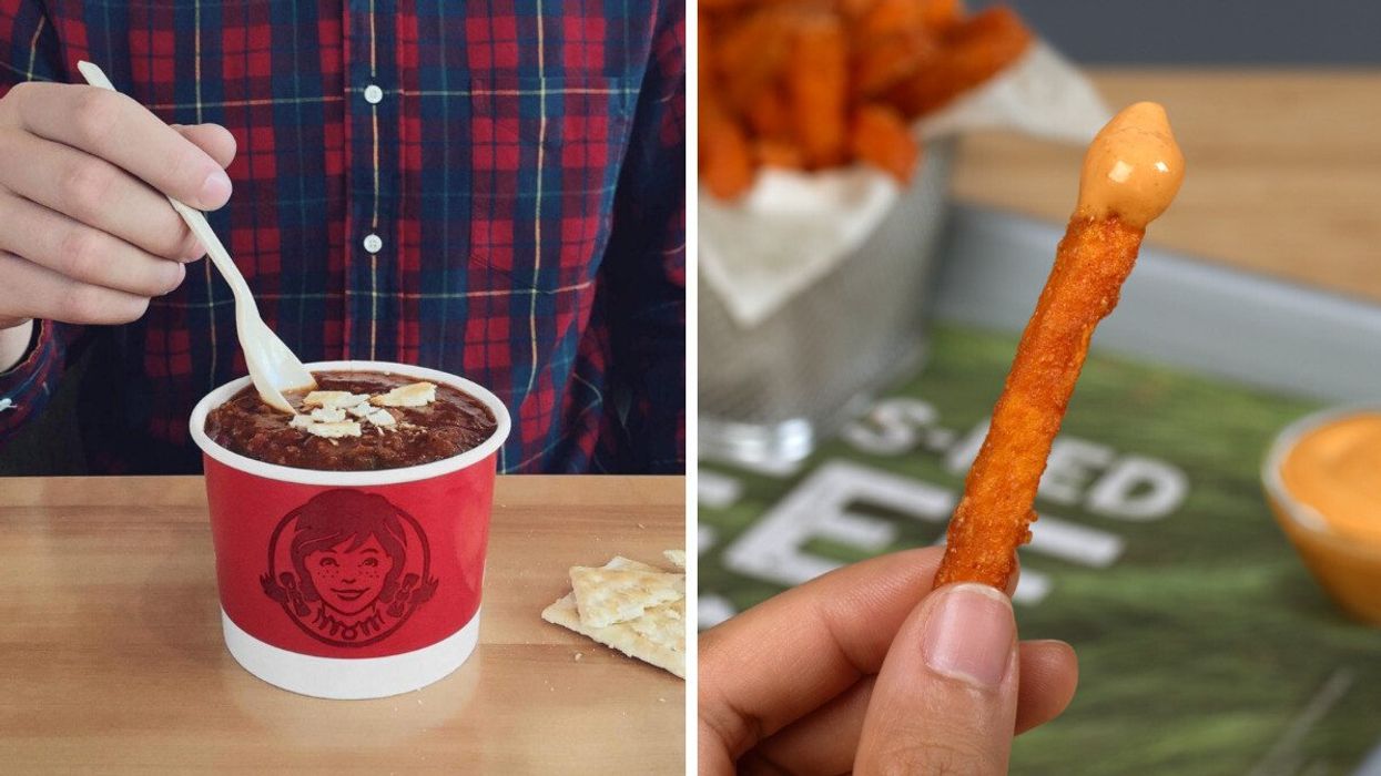 A bowl of Chili con Carne from Wendy's in Canada. Right: A sweet potato fry from A&W in Canada.