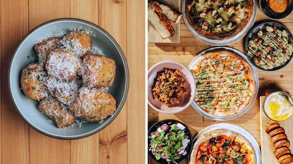 A bowl of garlic bites on a wooden table. Right: Pizza, pasta and salad dishes are laid out on a table.