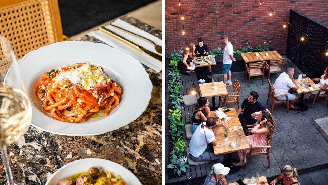 A bowl of pasta. Right: People sitting on a restaurant patio.