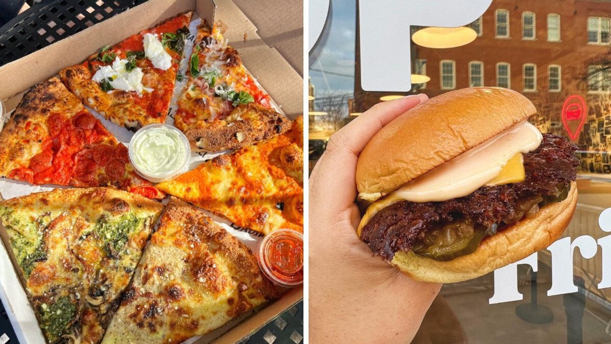 A box full of an assortment of pizzas. Right: A hand holds a burger in front of the Burger Drops restaurant.