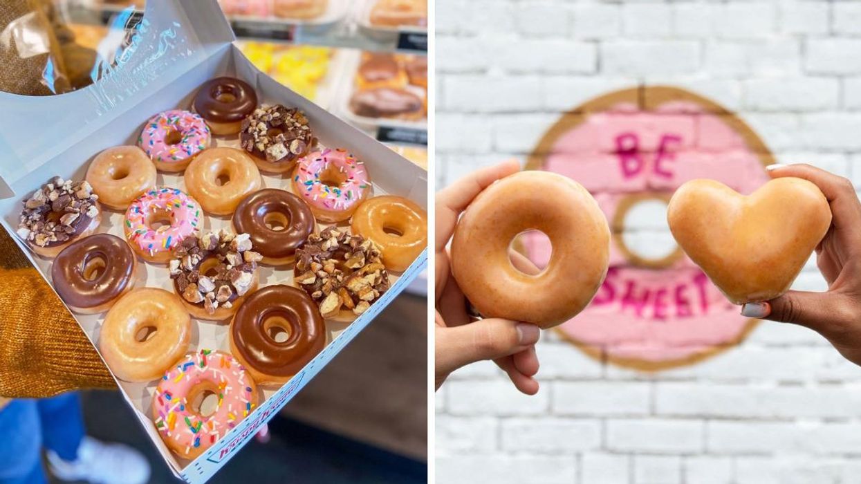 A box of assorted donuts. Right: Two hands holding a heart-shaped and classic glazed donut.