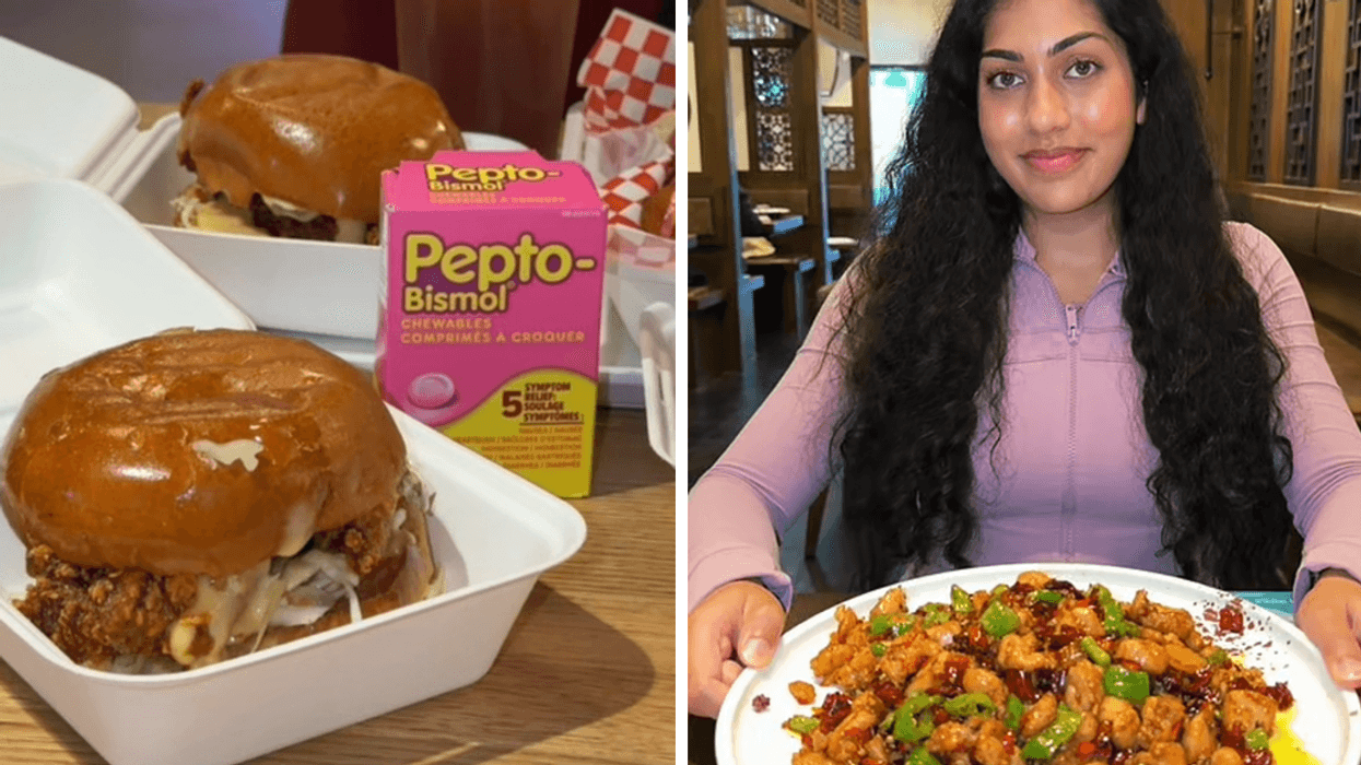 A box of chewable Pepto-Bismol on an table next to two burgers. Right: Sai holds a plate of spicy chicken thighs.