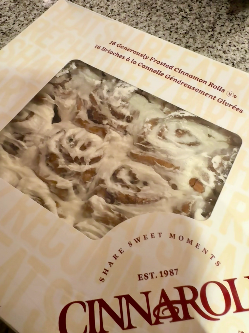 A box of Costco's cinnamon rolls on a counter.