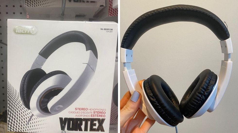 A box of headphones at a store. Right: A hand holding black and white headphones.