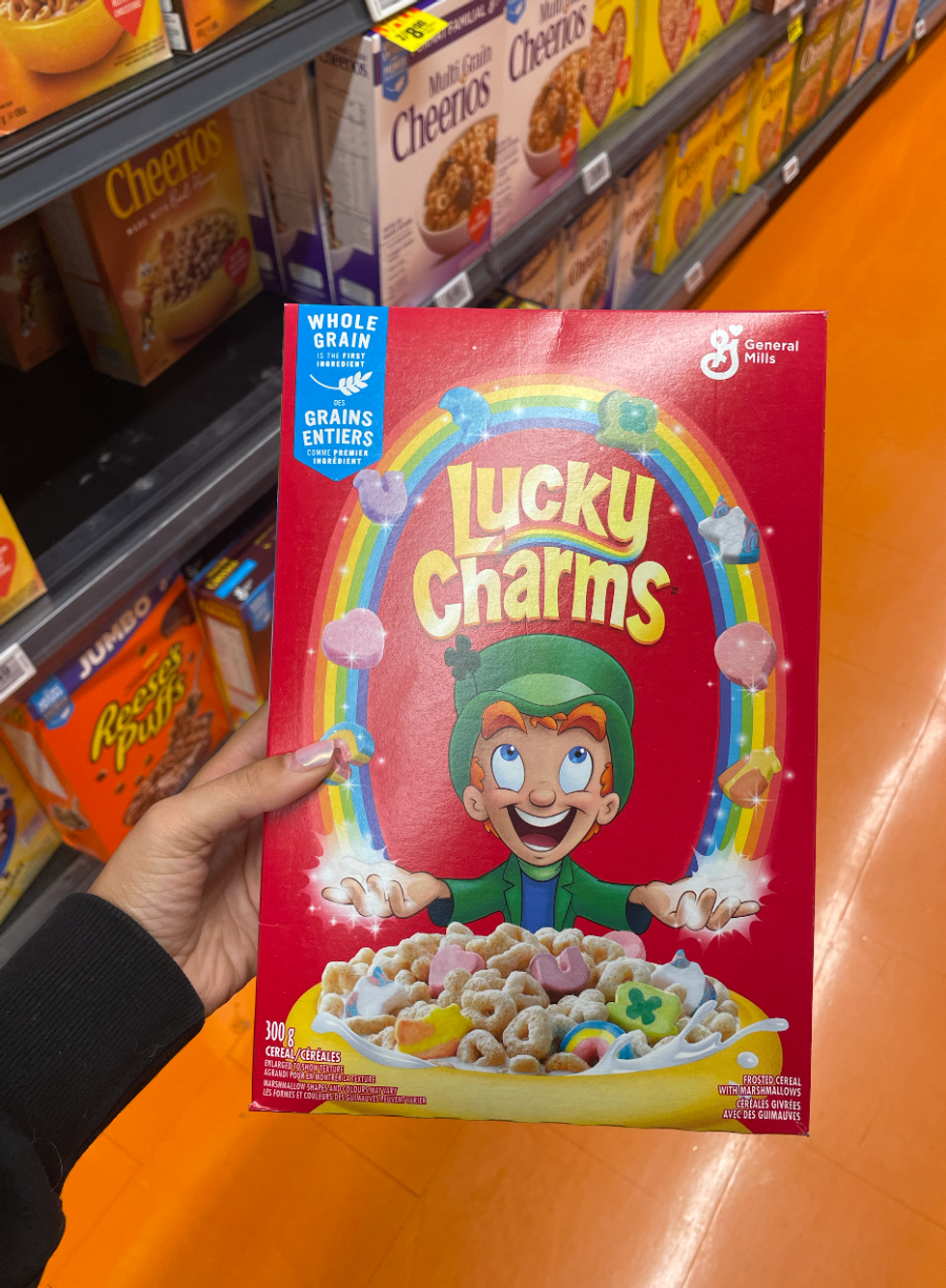 A box of Lucky Charms cereal at Loblaws.