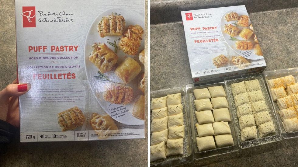 A box of President's Choice puff pastry hor d'oeuvres. Right: President's Choice puff pastry hor d'oeuvres.