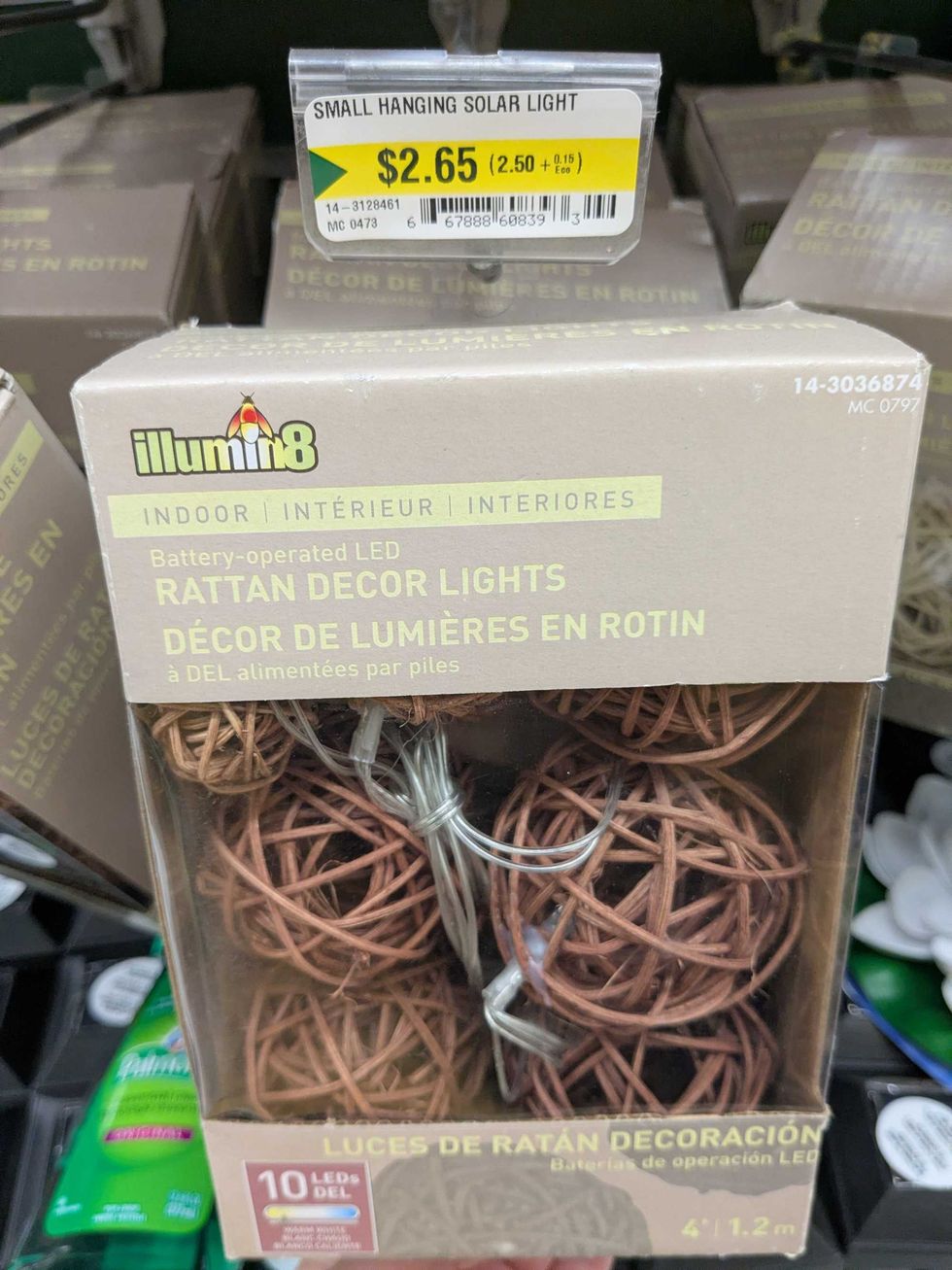 A box of rattan LED decor lights on a shelf in Dollarama