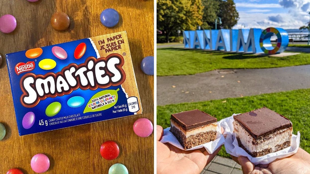 A box of Smarties. Right: People hold Nanaimo bars. 
