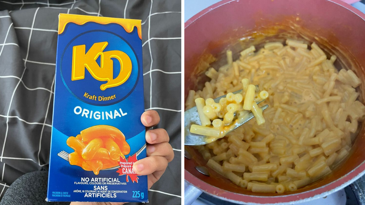 A box of the Original Kraft Dinner. Right: Kraft Dinner being cooked.