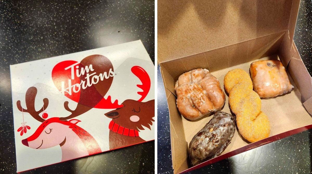 A box of Tim Hortons donuts. Right: Four donuts in an open box.