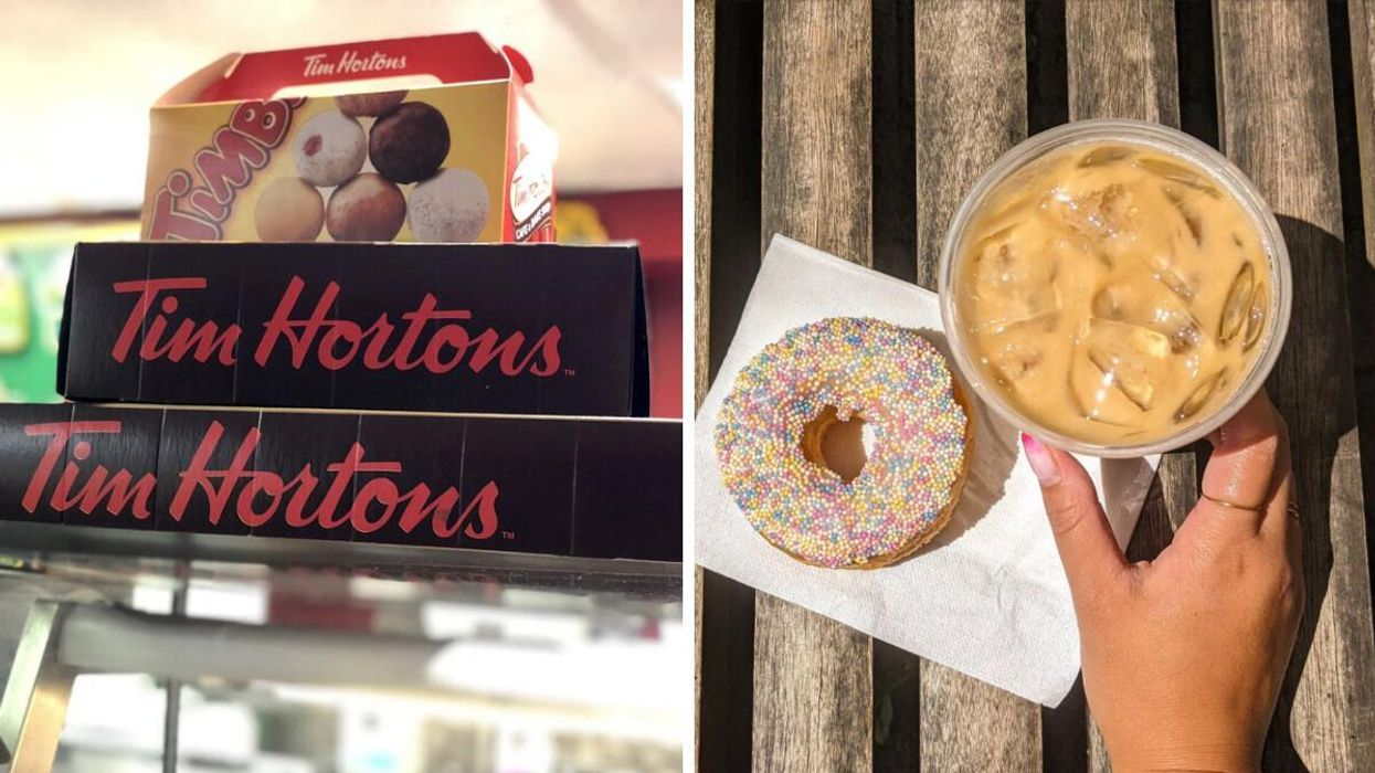 A box of Tim Hortons pastries and Timbits. Right: A donut and iced coffee.