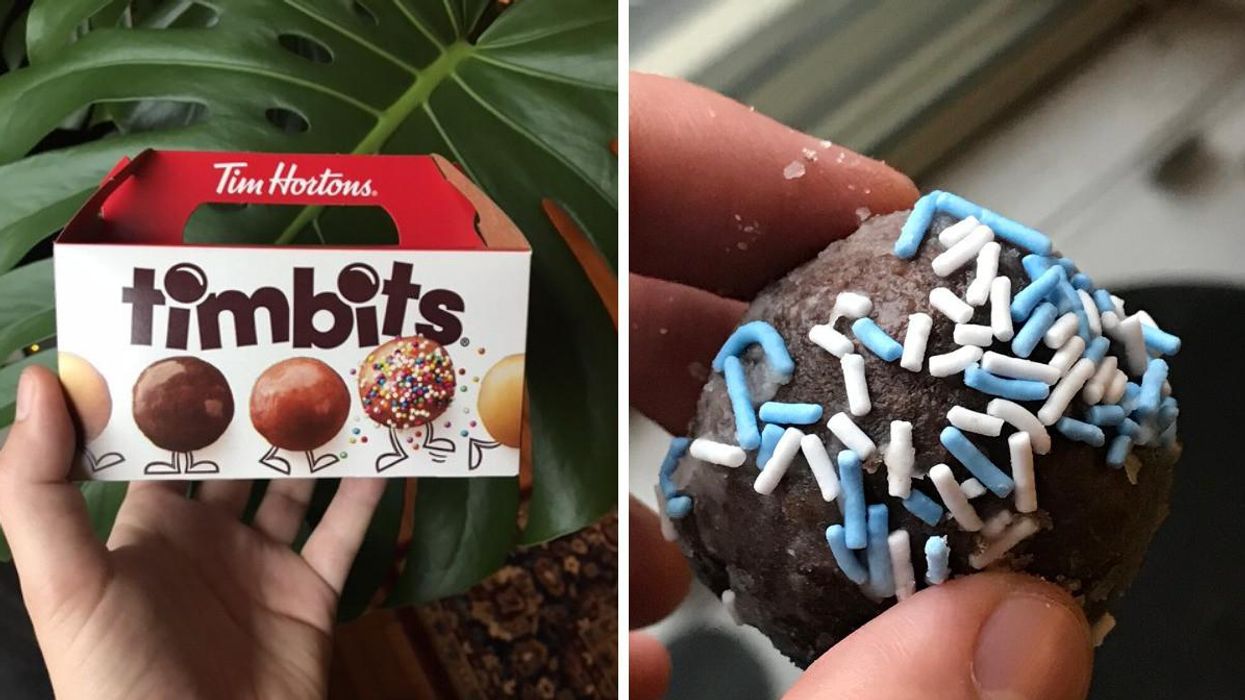 A box of Timbits. Right: A Next Gen Timbit.