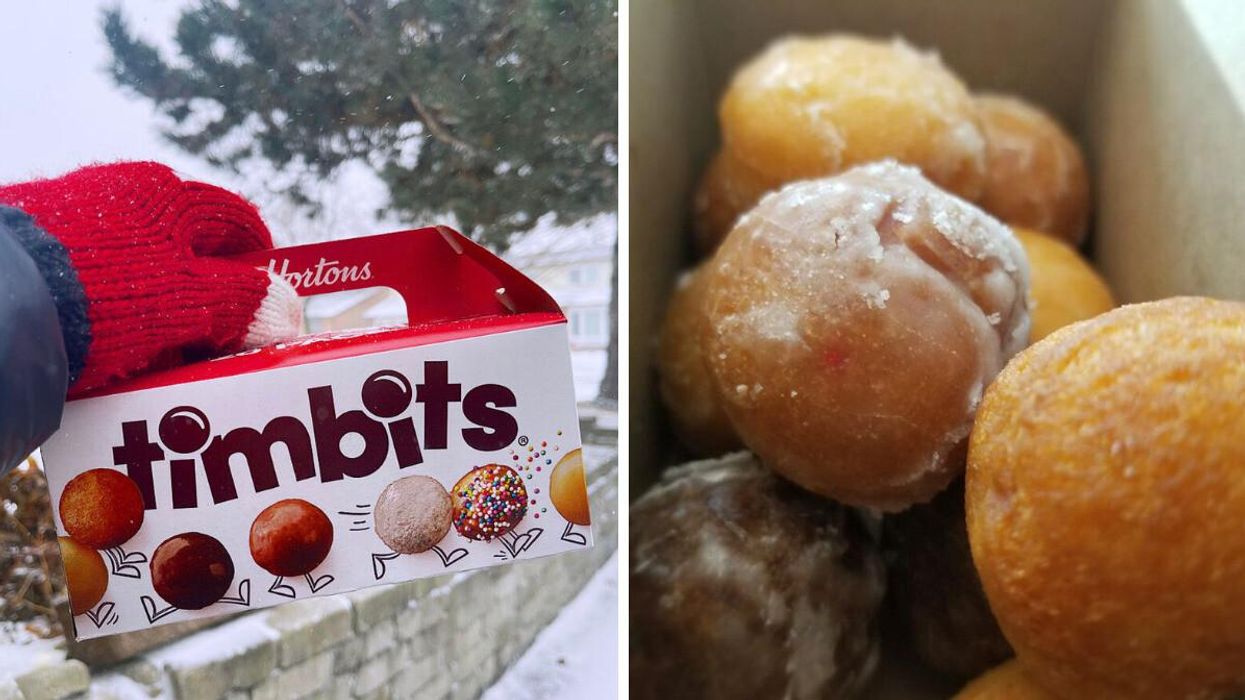 A box of Timbits. Right: Timbits.