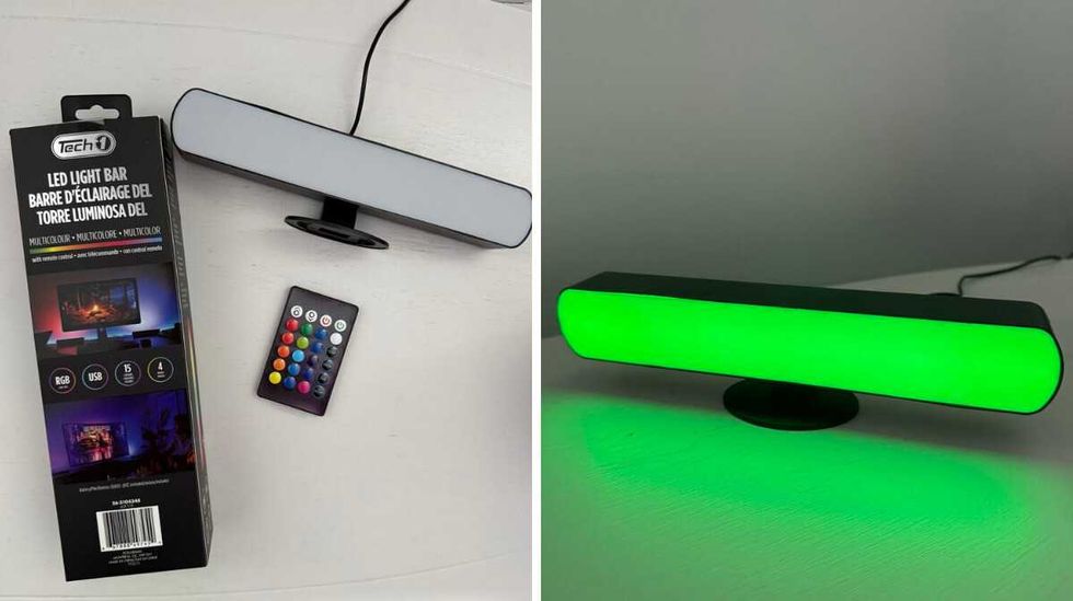 A box with a photo of a LED light bar behind a TV and the LED light bar next to the box with the remote control. Right: The LED light bar lit in a green colour.