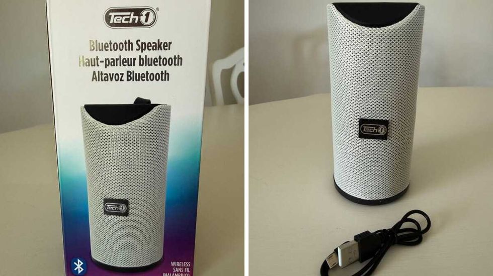 A box with a picture of a Bluetooth Speaker on the front. Right: A bluetooth speaker and cable on a table.