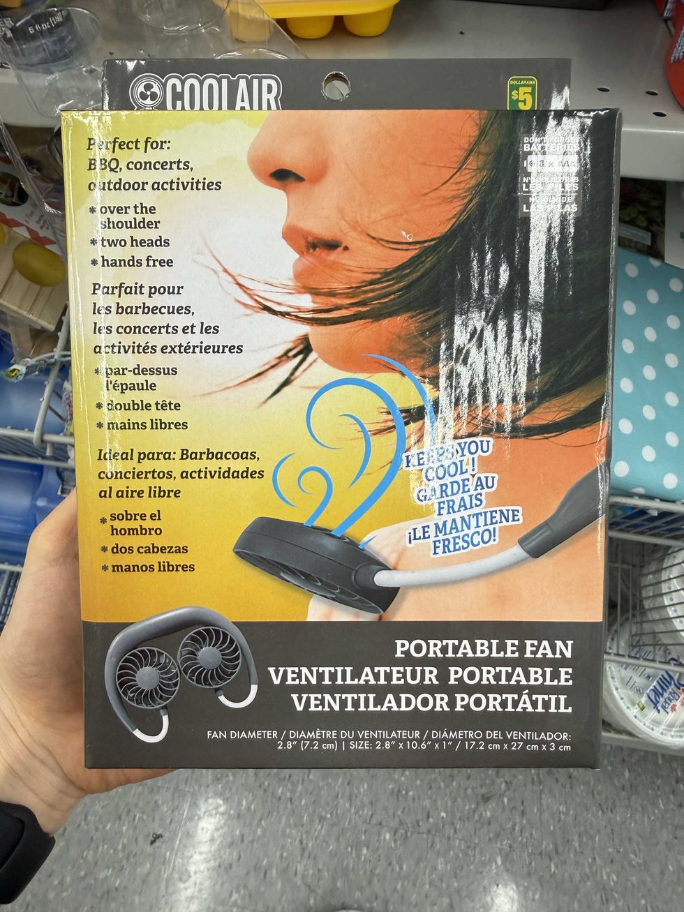 A box with a picture of a woman with a fan around her neck.