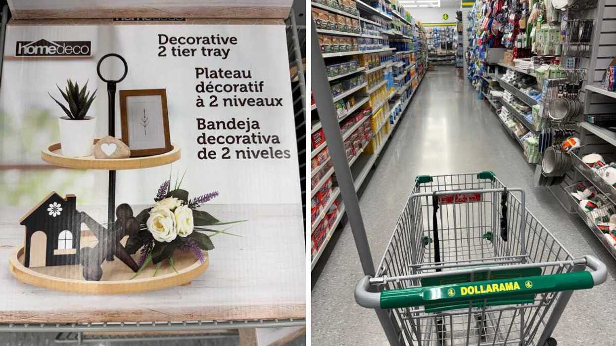 A box with a two-tier tray on it with frames, plants and figurines stacked on it. Right: A shopping cart that says Dollarama on it.