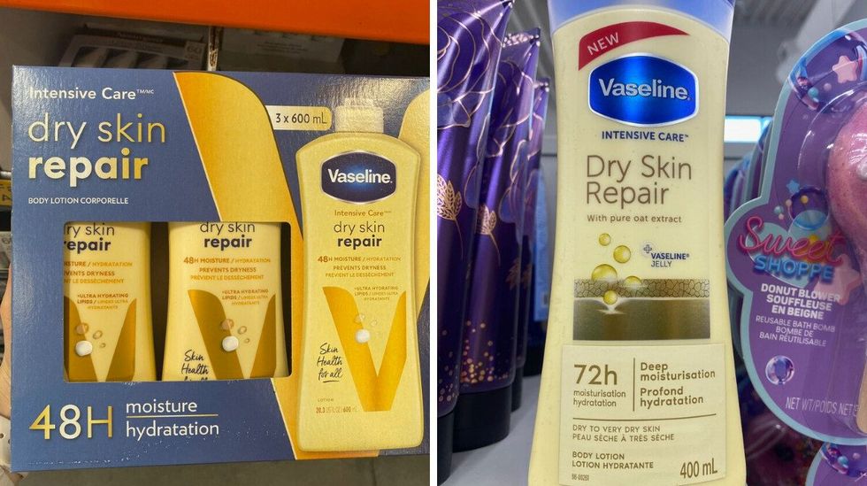 A box with two yellow bottles inside that say Vaseline dry skin repair. Right: A yellow bottle on a store shelf that says Vaseline Dry Skin Repair on the front.