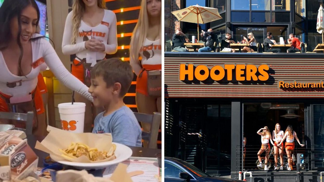A boy celebrating his 5th birthday at Hooters. Right: Hooters restaurant.