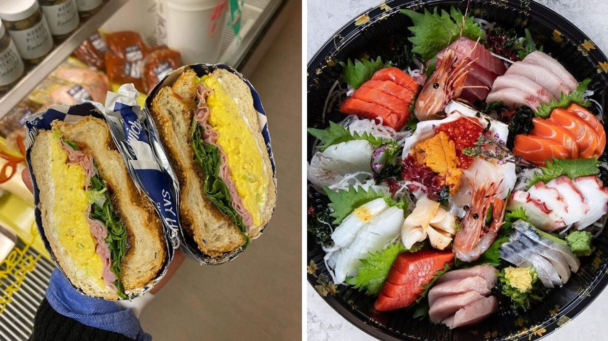 A breakfast sandwich at Say Hey Cafe in Vancouver. Right: sushi platter from Sashimiya in Vancouver.