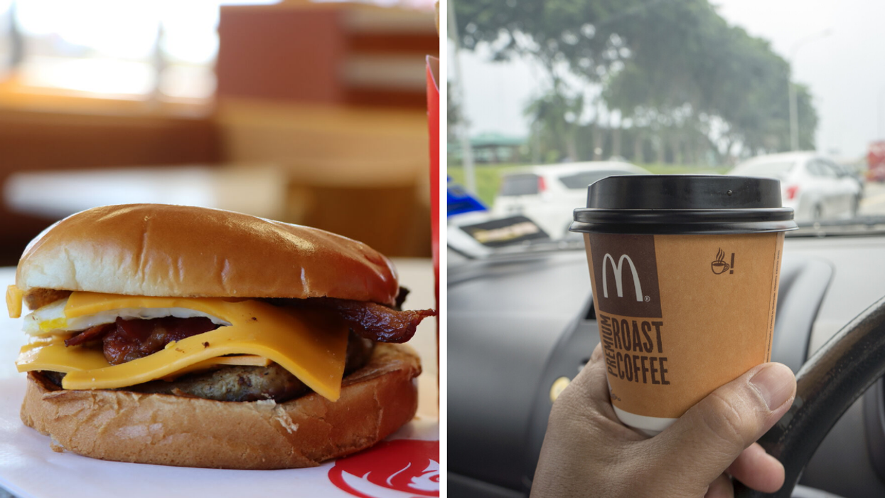 A breakfast sandwich from Wendy's. Right: A coffee from McDonald's.