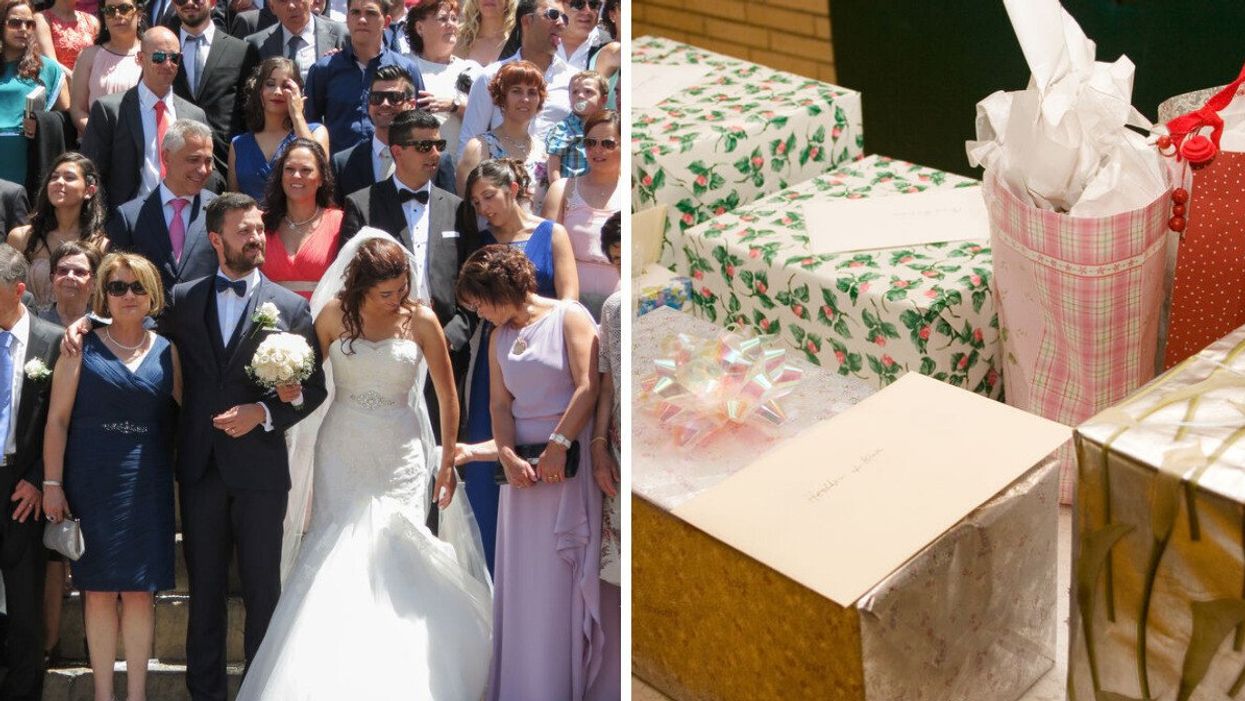 A bride and groom and their guests at their wedding. Right: Wedding gifts.