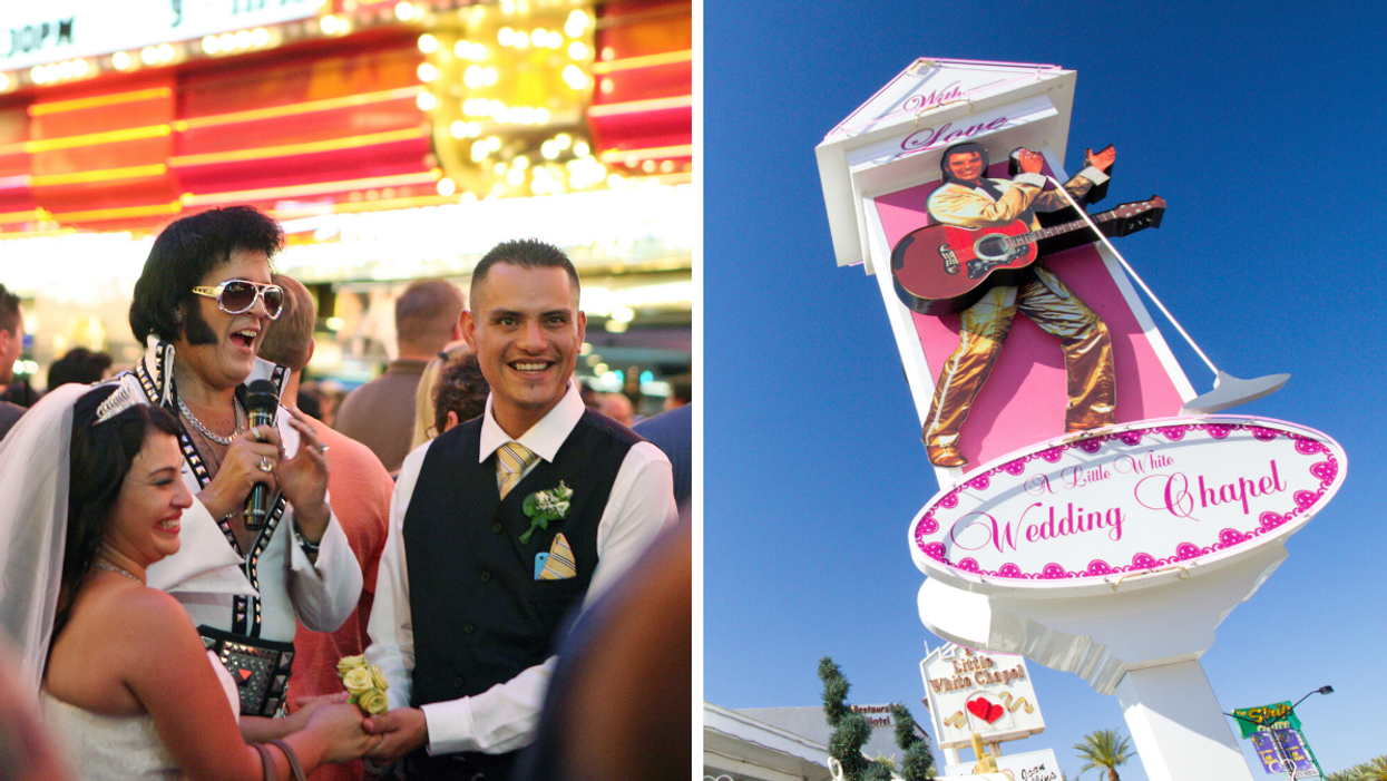 A bride and groom being married by a fake Elvis in Las Vegas. Right: A Little White Wedding Chapel in Las Vegas.