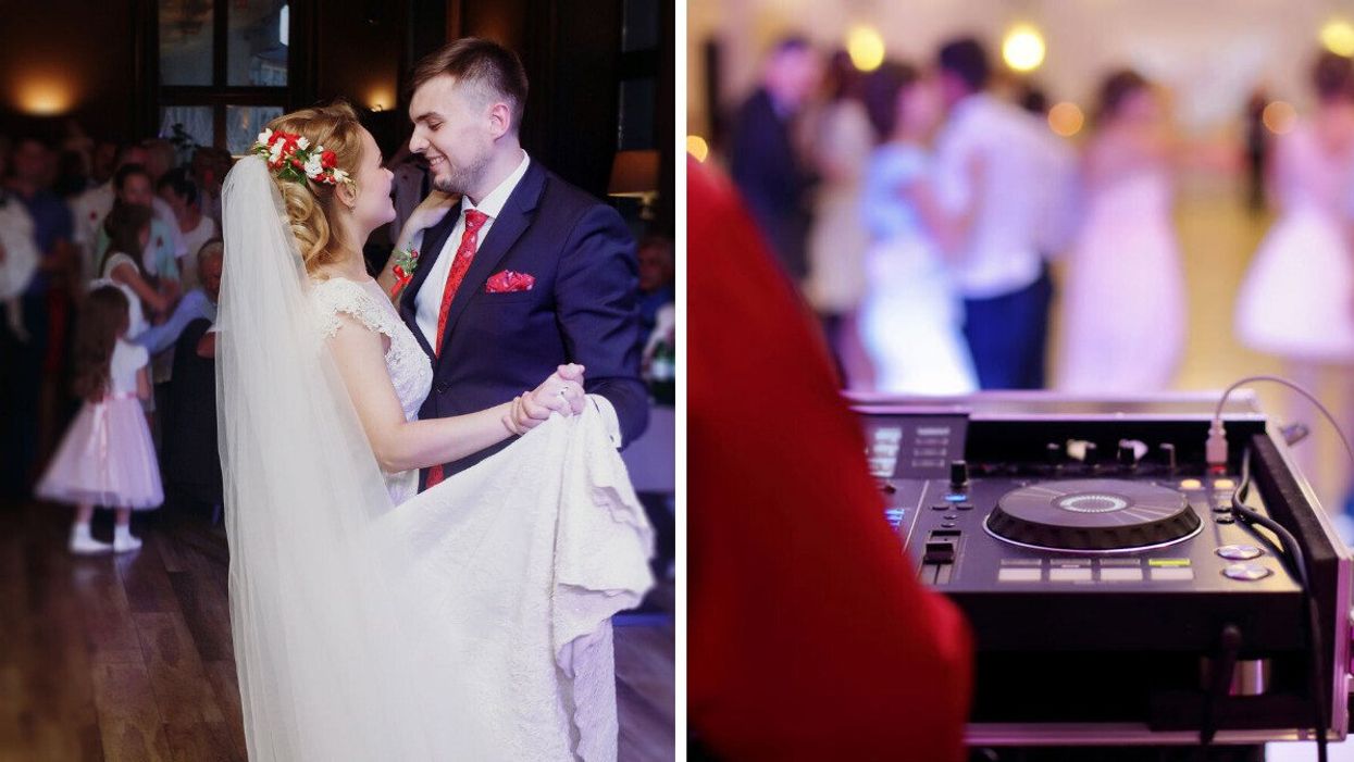 A bride and groom dancing at their wedding. Right: A DJ at a wedding.