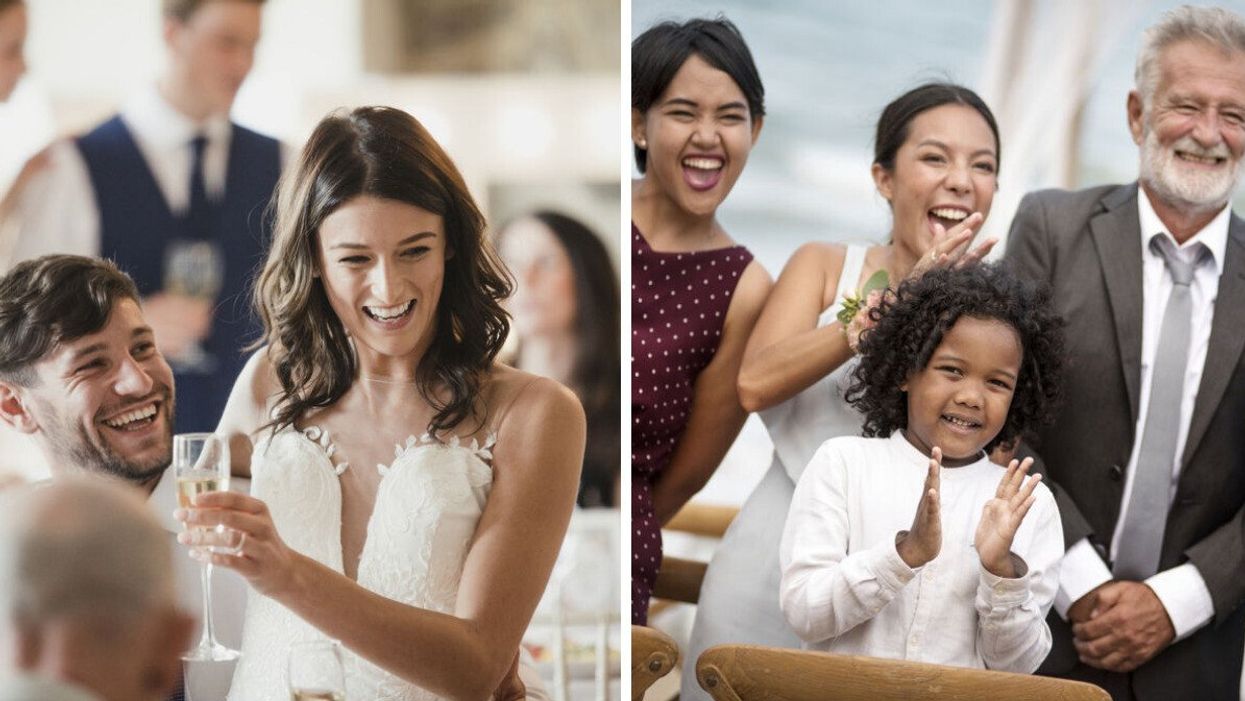A bride and groom on their wedding day. Right: Guests at a wedding.