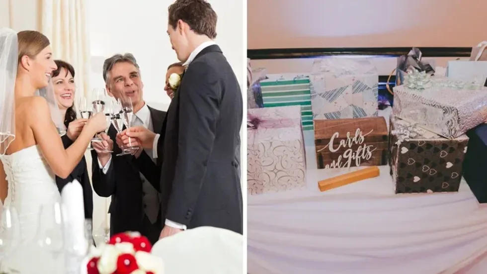 A bride and groom talking to their wedding guests. Right: A table filled with wedding gifts.
