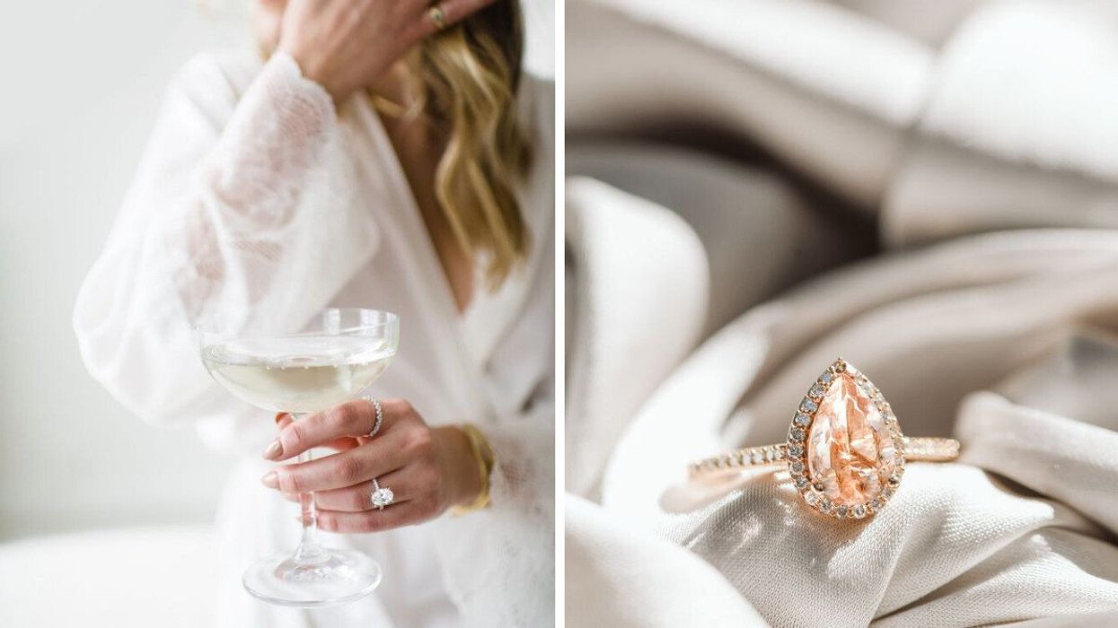 A bride-to-be wearing an engagement ring and holding a champagne glass. Right: An engagement ring.