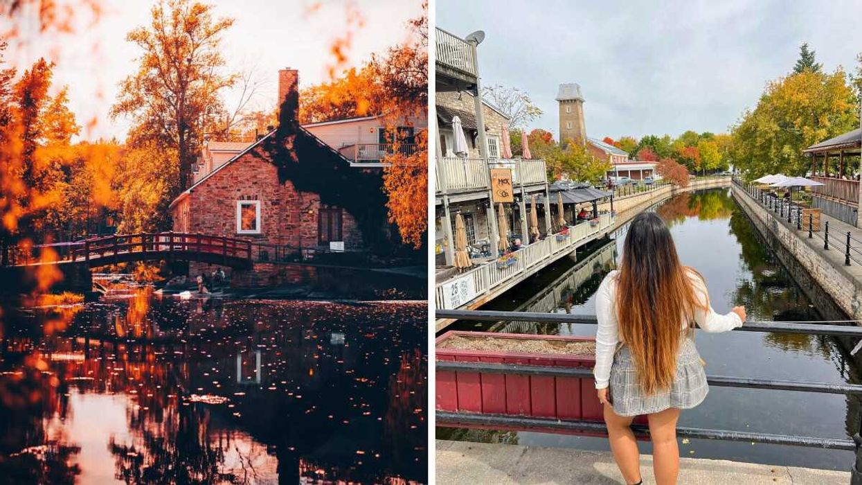 A bridge and building during the fall. Right: A person looking over a river.
