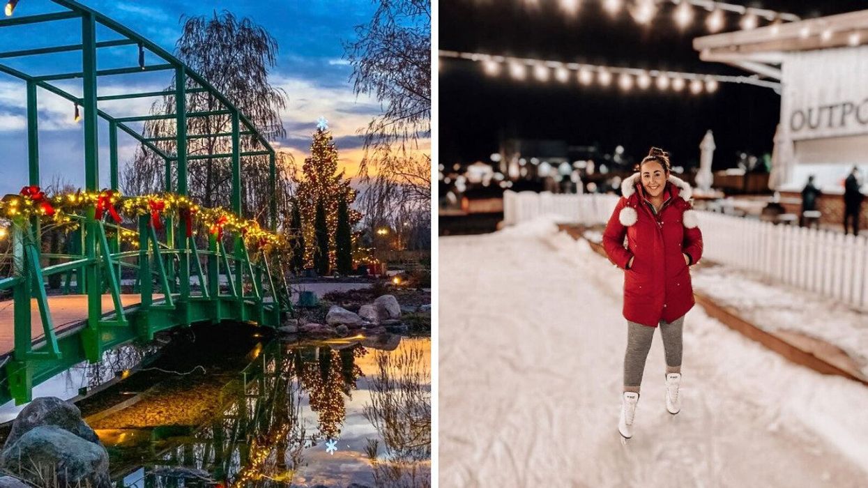 A bridge and Christmas tree with twinkling lights. Right: A person on a skating rink.