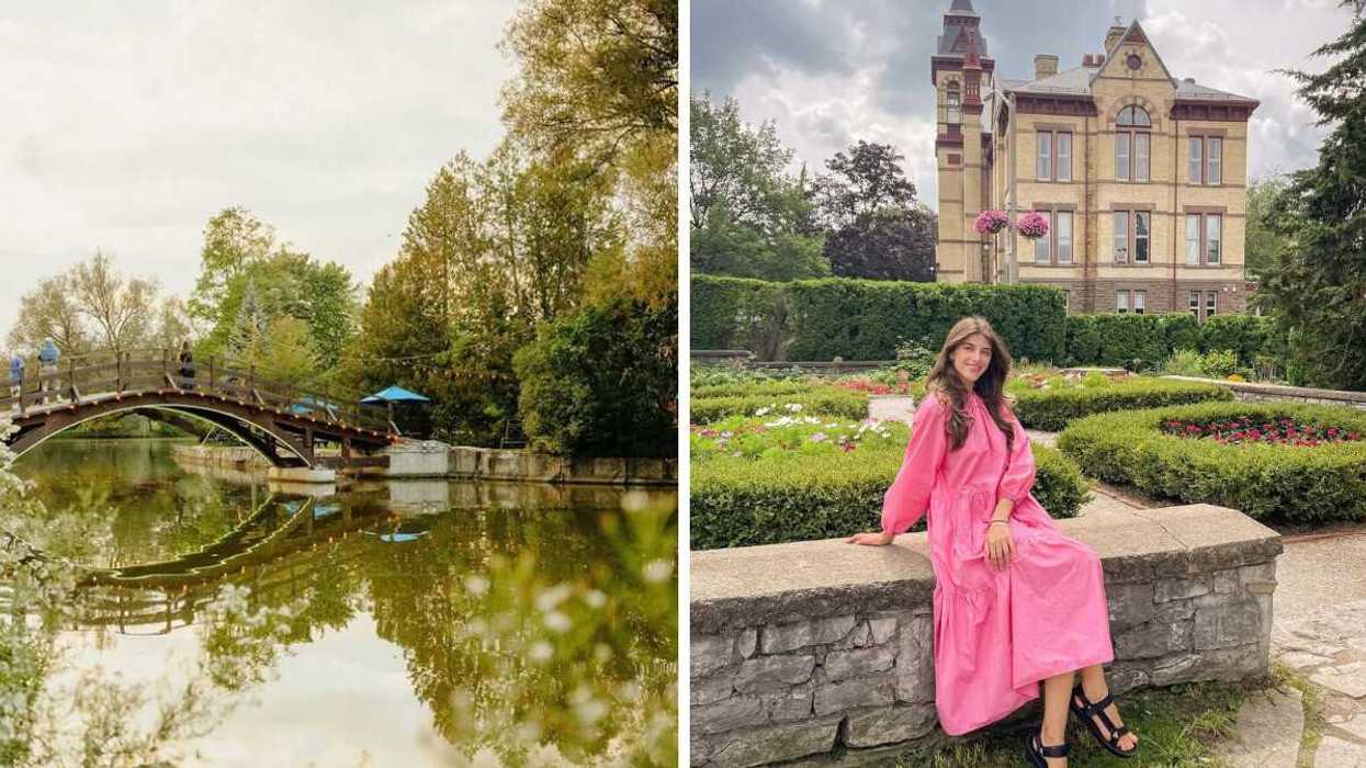 A bridge over a river. Right: A person sitting by a historic building.