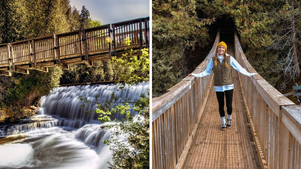 A bridge over a waterfall. Right: A person standing on a bridge.
