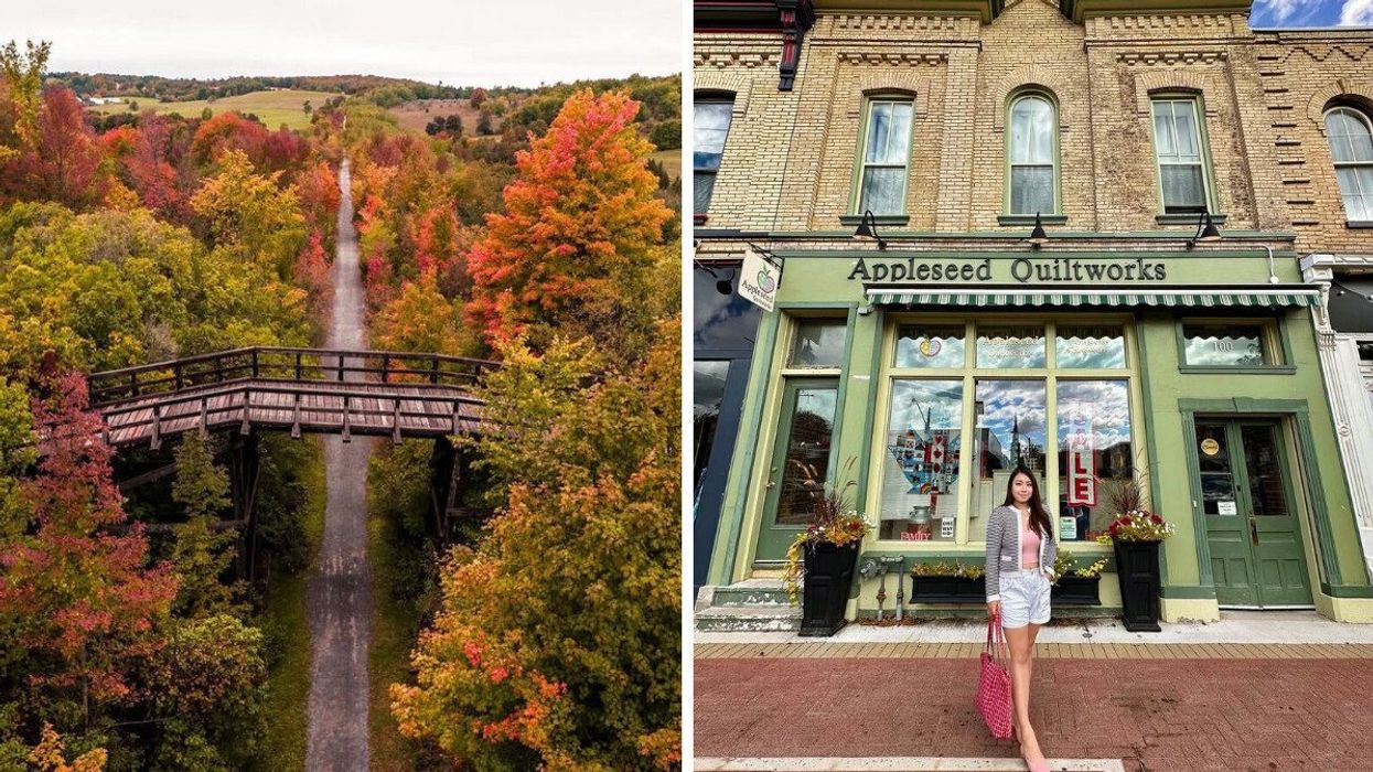 A bridge surrounded by fall colours. Right: A person standing in front of a store.