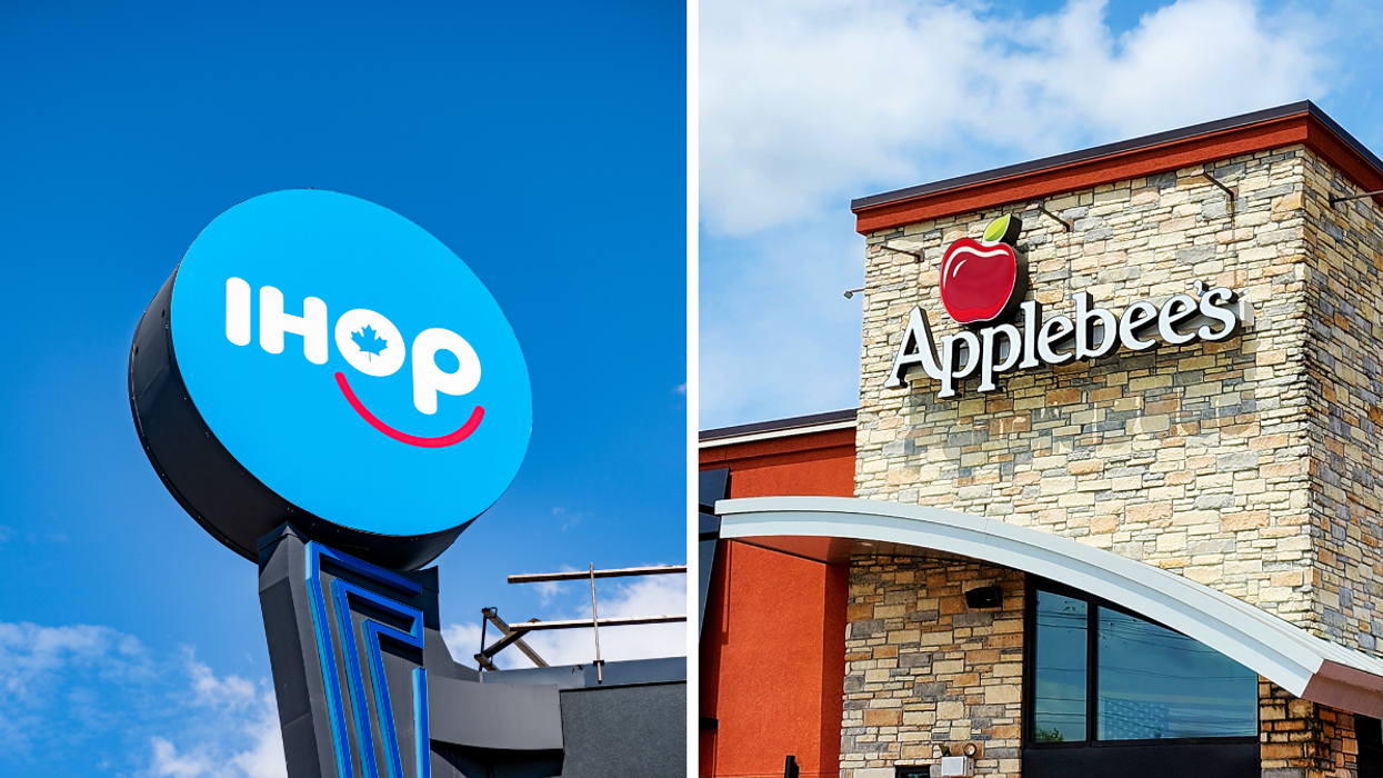 A bright blue IHOP restaurant sign with a red smile logo and maple leaf stands against a clear sky. Right: The exterior of an Applebee’s restaurant featuring a stone facade, red trim, and the brand's logo with a red apple icon.