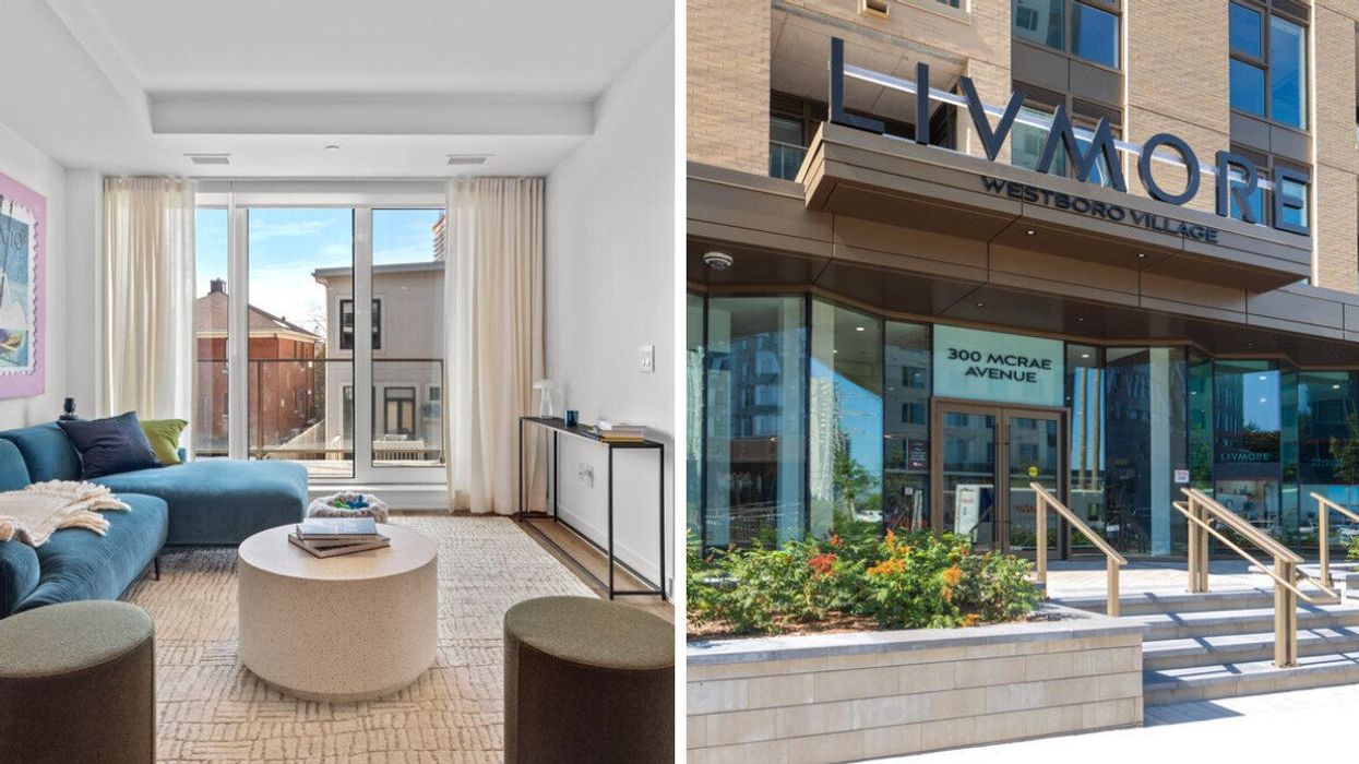 A bright, modern living room with a blue sectional sofa, large windows leading to a balcony, and neutral décor., Right: Exterior view of Livmore Westboro Village in Ottawa, featuring the main entrance, glass windows, and building signage at 300 McRae Avenue.