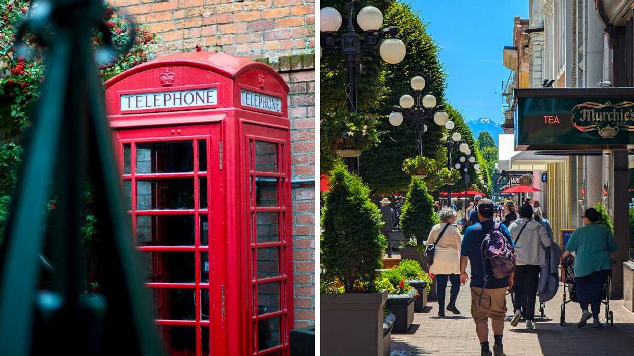 A British-style red telephone booth in Victoria, B.C. Right: A street in Victoria.