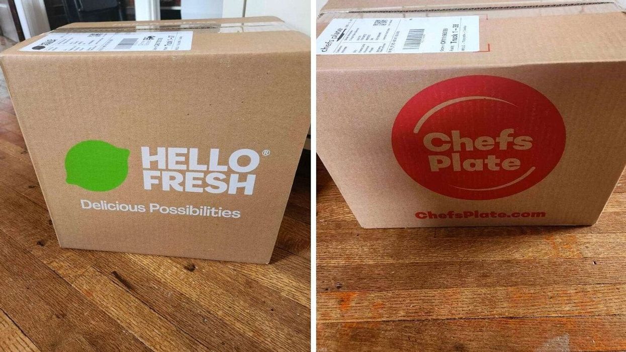 A brown box from Hello Fresh. Right: A brown box from Chefs Plate.