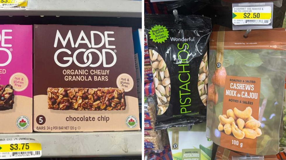 A brown box with a granola bar on it that says Made Good Organic Chewy Granola Bars. Right: A black bag with green writing that says pistachios on it hanging next to a brown and green bag of cashews.