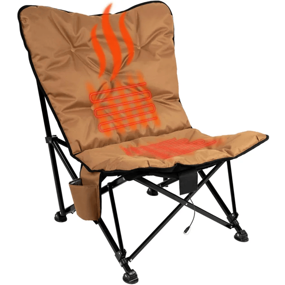 A brown folding camping chair with red illustrations over the top showing where the heating coils are and heat coming off the chair.