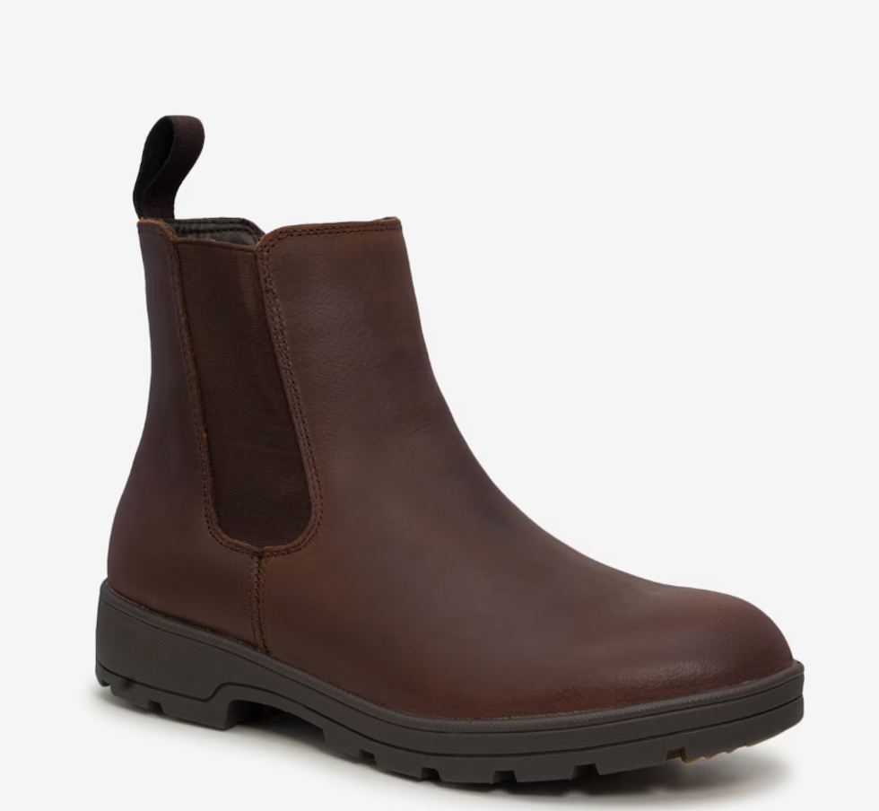 A brown leather winter boot.