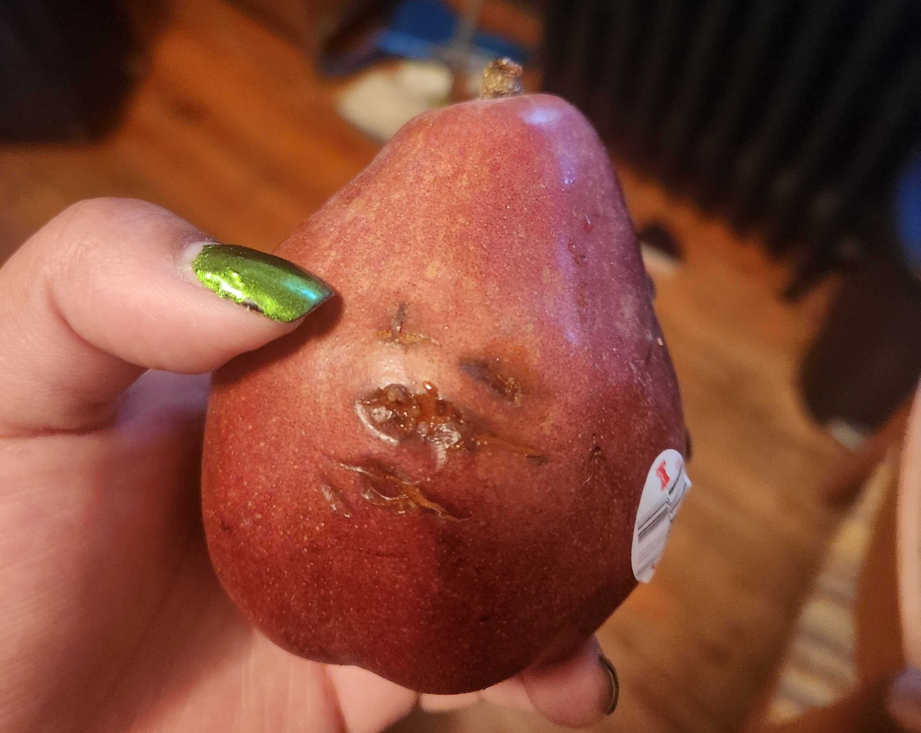 A bruised pear.