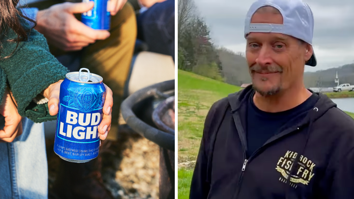 A Bud Light can. Right: Kid Rock in the gun video.
