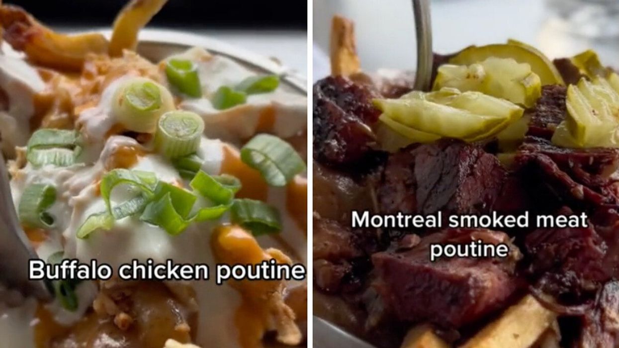 A buffalo chicken poutine. Right: A Montreal smoked meat poutine.