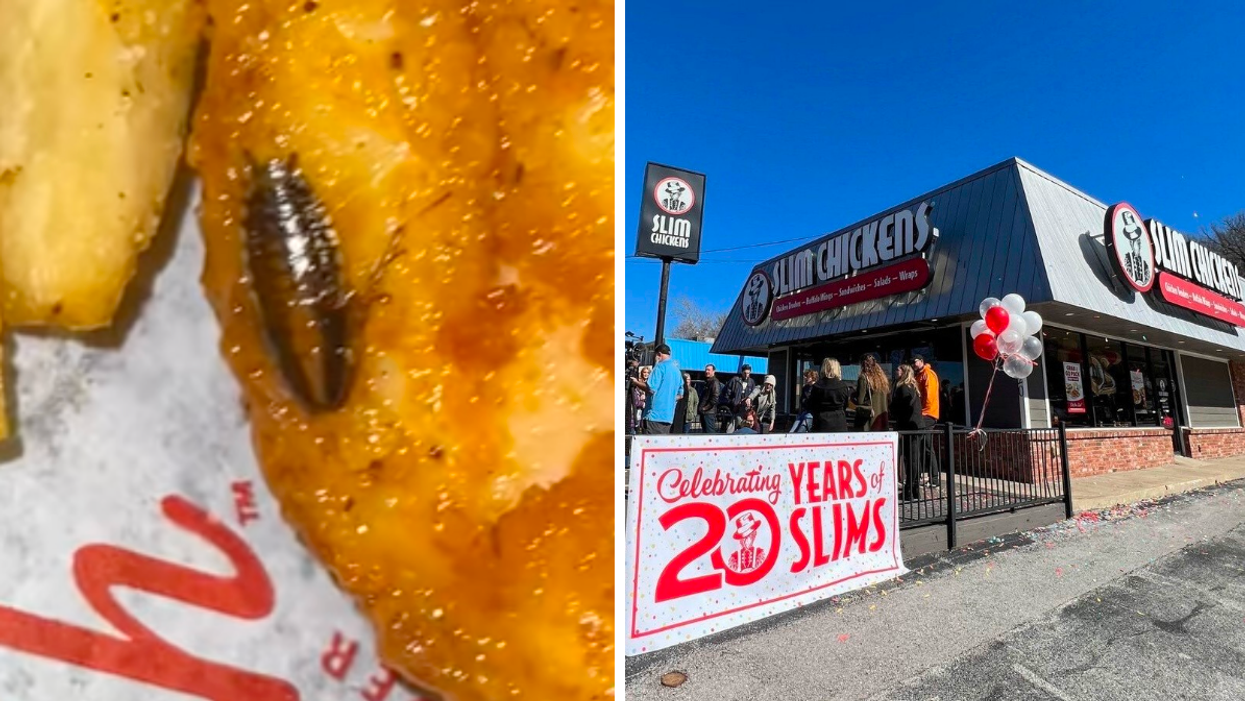 A bug inside fried chicken batter. Right: The exterior of a Slim Chickens restaurant.