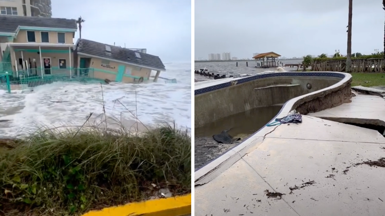A building collapsing in the water. Right: A pool popped up from the ground.